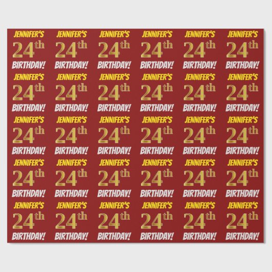Red, Faux/Imitation Gold, "24th BIRTHDAY" Cadeaupapier (Vlak)