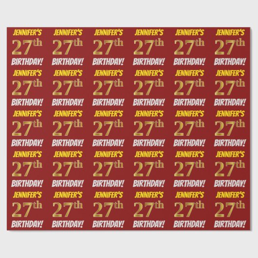 Red, Faux/Imitation Gold, 27th BIRTHDAY Cadeaupapier (Vlak)
