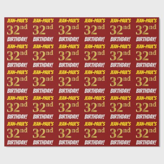 Red, Faux/Imitation Gold, "32nd BIRTHDAY" Cadeaupapier (Vlak)