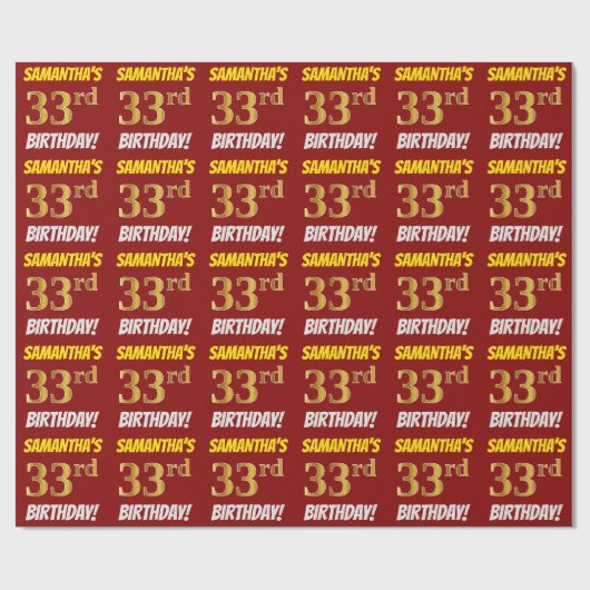 Red, Faux/Imitation Gold, "33rd BIRTHDAY" Cadeaupapier (Vlak)