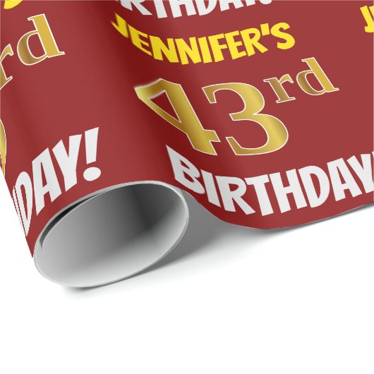 Red, Faux/Imitation Gold, "43rd BIRTHDAY" Cadeaupapier (Rol Hoek)