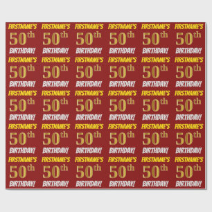 Red, Faux/Imitation Gold, "50th BIRTHDAY" Cadeaupapier