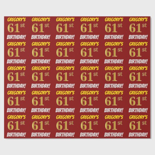 Red, Faux/Imitation Gold, 61st BIRTHDAY Cadeaupapier (Vlak)