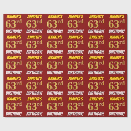 Red, Faux/Imitation Gold, "63rd BIRTHDAY" Cadeaupapier (Vlak)
