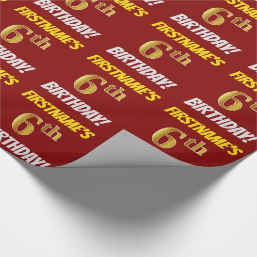 Red, Faux/Imitation Gold, "6th BIRTHDAY" Cadeaupapier (Hoek)