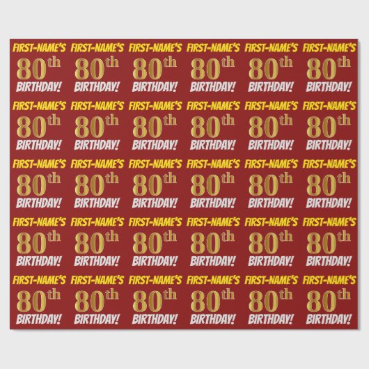 Red, Faux/Imitation Gold, "80th BIRTHDAY" Cadeaupapier (Vlak)