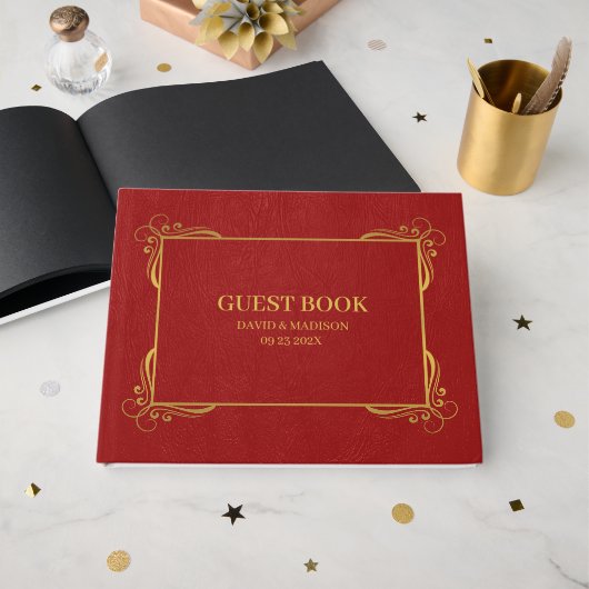Red Faux Leather Gold Lijst Gastenboek (Voorkant open)
