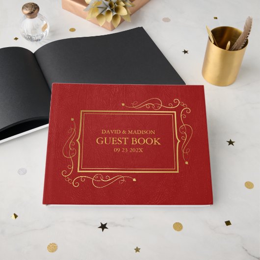 Red Faux Leather Gold Lijst Gastenboek (Voorkant open)