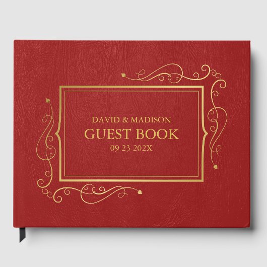Red Faux Leather Gold Lijst Gastenboek (Voorkant)