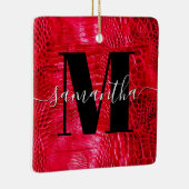 Red Faux Leather Monogram Foto Keramisch Ornament (Rechts)