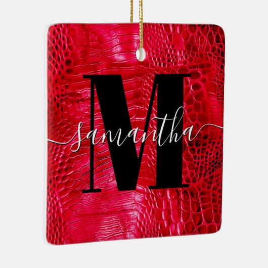 Red Faux Leather Monogram Foto Keramisch Ornament (Rechts)