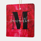 Red Faux Leather Monogram Foto Keramisch Ornament (Links)