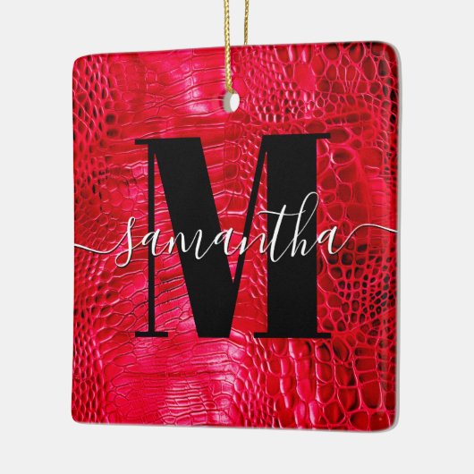 Red Faux Leather Monogram Foto Keramisch Ornament (Links)