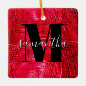 Red Faux Leather Monogram Foto Keramisch Ornament (Voorkant)