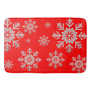 Red Faux Silver Glitter Snowflake Bath Mat