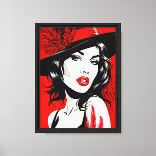 Red Feather Femme in Bold Pop Art Style Canvas Afdruk