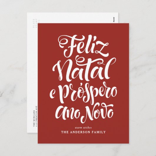 Red Feliz Natal e Próspero Ano Novo Script Feestdagenkaart (Voorkant / Achterkant)