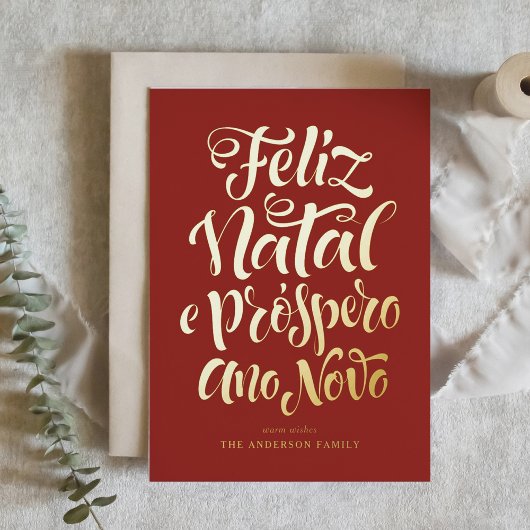 Red Feliz Natal e Próspero Ano Novo Script Folie Feestdagenkaart