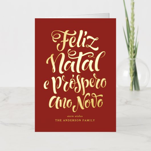 Red Feliz Natal e Próspero Ano Novo Script Folie Feestdagenkaart (Voorkant)