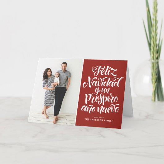 Red Feliz Navidad Script Kerstfoto Feestdagen Kaart (Voorkant)