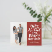 Red Feliz Navidad Script Kerstfoto Feestdagenkaart (Staand voorkant)