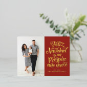Red Feliz Navidad Script Kerstfoto Folie Feestdagen Briefkaart (Staand Voorkant)