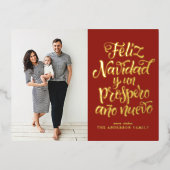Red Feliz Navidad Script Kerstfoto Folie Feestdagen Briefkaart (Voorkant)
