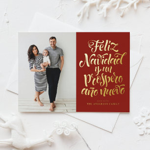 Red Feliz Navidad Script Kerstfoto Folie Feestdagen Briefkaart