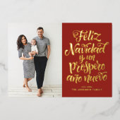 Red Feliz Navidad Script Kerstfoto Folie Feestdagenkaart (Voorkant)