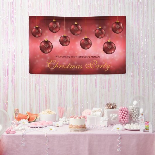 Red Festive Baubles op Red Bokeh - kerstfeest Spandoek (Feest)