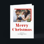 Red Festive Bold Typography Merry Kerstfoto Feestdagen Kaart<br><div class="desc">Vrolijk kerstfeest! Verstuur feestelijke groeten dit kerstseizoen met deze aanpasbare foto-kerstkaart. Het heeft een rode,  gewaagde typografie en een patroon met instripes. Personaliseer door een foto,  namen,  jaar en andere details toe te voegen. Deze moderne kerstkaart voor typografie is ook verkrijgbaar in andere kartonnen dozen.</div>