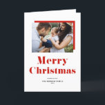 Red Festive Bold Typography Merry Kerstfoto Feestdagen Kaart<br><div class="desc">Vrolijk kerstfeest! Verstuur feestelijke groeten dit kerstseizoen met deze aanpasbare foto-kerstkaart. Het heeft een rode,  gewaagde typografie en een patroon met instripes. Personaliseer door een foto,  namen,  jaar en andere details toe te voegen. Deze moderne kerstkaart voor typografie is ook verkrijgbaar in andere kartonnen dozen.</div>