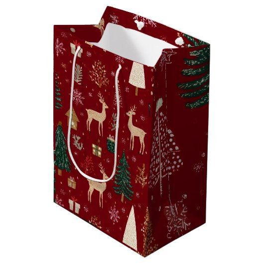Red Festive Christmas Whimsical Pattern Gift Bag  Medium Cadeauzakje (Voorkant Gekanteld)