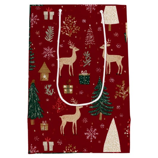 Red Festive Christmas Whimsical Pattern Gift Bag  Medium Cadeauzakje (Achterkant)