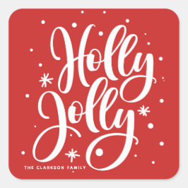 Red Festive Holly Jolly Hand Lettered Holiday Vierkante Sticker