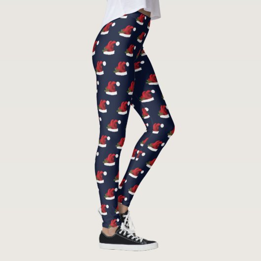 Red Festive Santa Hat op blauw kerstpatroon Leggings (Rechts)