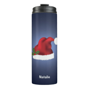 Red Festive Santa Hat op blauw met aangepaste naam Thermosbeker