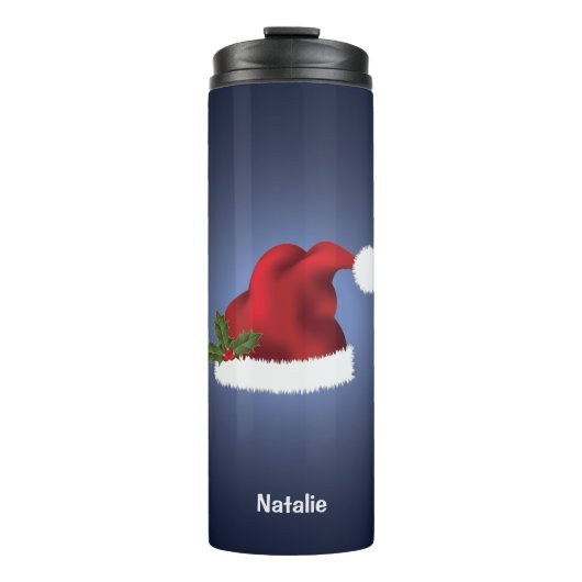 Red Festive Santa Hat op blauw met aangepaste naam Thermosbeker (Voorkant)