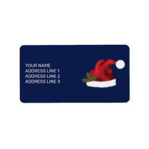 Red Festive Santa Hat op blauw met aangepaste teks Etiket