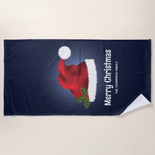 Red Festive Santa Hat op blauw met aangepaste teks Strandlaken (Voorkant)