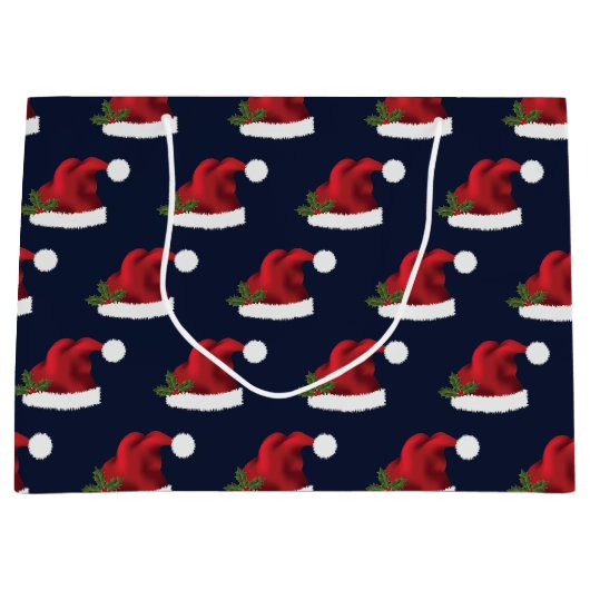 Red Festive Santa Hat op Blue Pattern Groot Cadeauzakje (Voorkant)