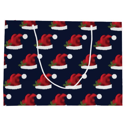 Red Festive Santa Hat op Blue Pattern Groot Cadeauzakje (Achterkant)