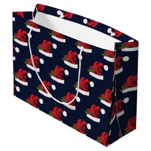 Red Festive Santa Hat op Blue Pattern Groot Cadeauzakje (Achterkant Gekanteld)