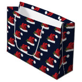 Red Festive Santa Hat op Blue Pattern Groot Cadeauzakje (Voorkant Gekanteld)