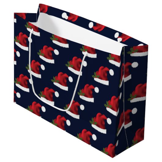 Red Festive Santa Hat op Blue Pattern Groot Cadeauzakje (Voorkant Gekanteld)