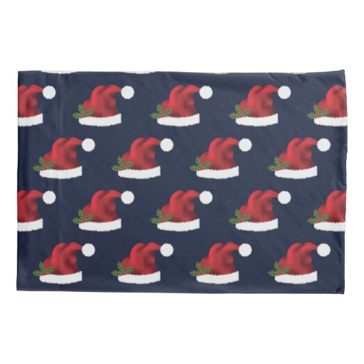 Red Festive Santa Hat op Blue Pattern Kussensloop (Achterkant-Links)