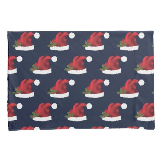 Red Festive Santa Hat op Blue Pattern Kussensloop (Voorkant-Rechts)