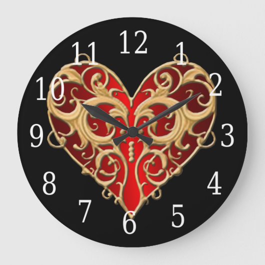 Red Filigree Heart Clock Grote Klok (Voorkant)