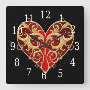 Red Filigree Heart Clock Vierkante Klok