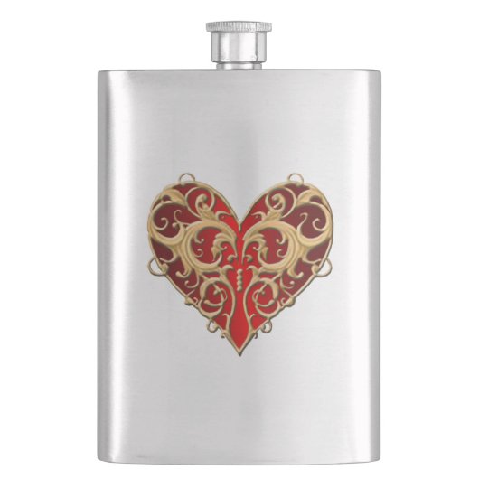 Red Filigree Heart Flask Heupfles (Voorkant)